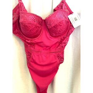 Pink Bodysuit w/bra, Strap, Lace & Nylon/Spandex, French Affair, Size 2X